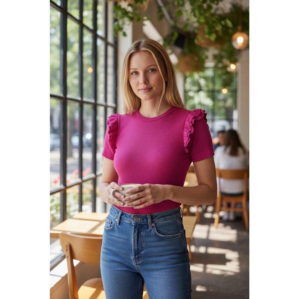 Zara Bodysuit Womens Small Pink Ruffle Sleeve Ribbed Knit Stretch One Piece